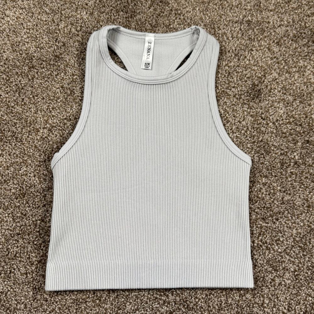 Zenana Racerback Tank Ribbed Stretchy Size L/XL Light Gray Summer Minimalist